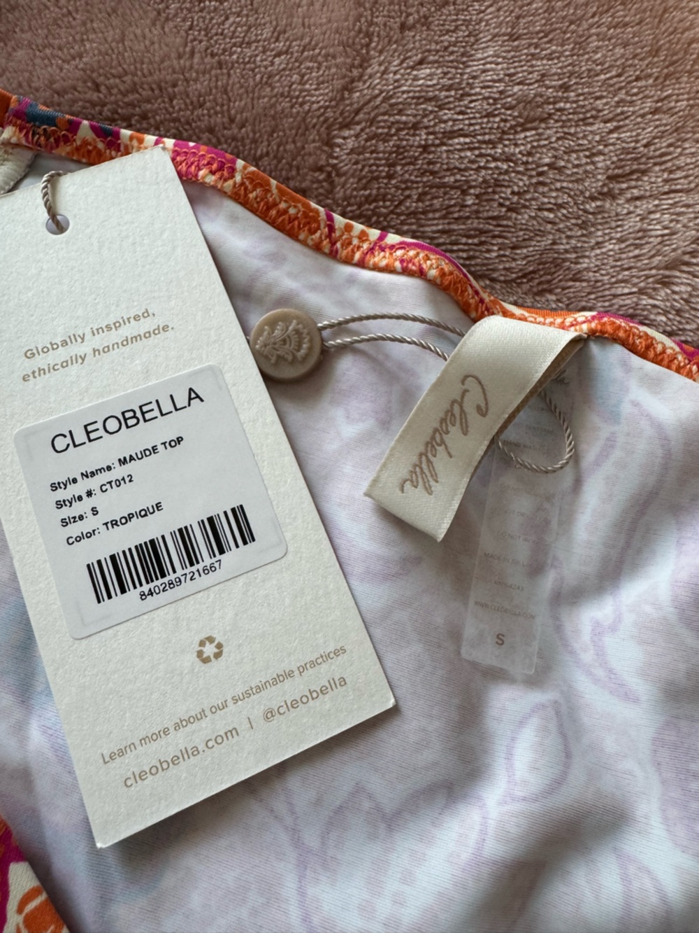 NWT Cleobella Maude Tie-Front Puff Sleeve Bikini Top, Orange Print, Size Small - Picture 4 of 4